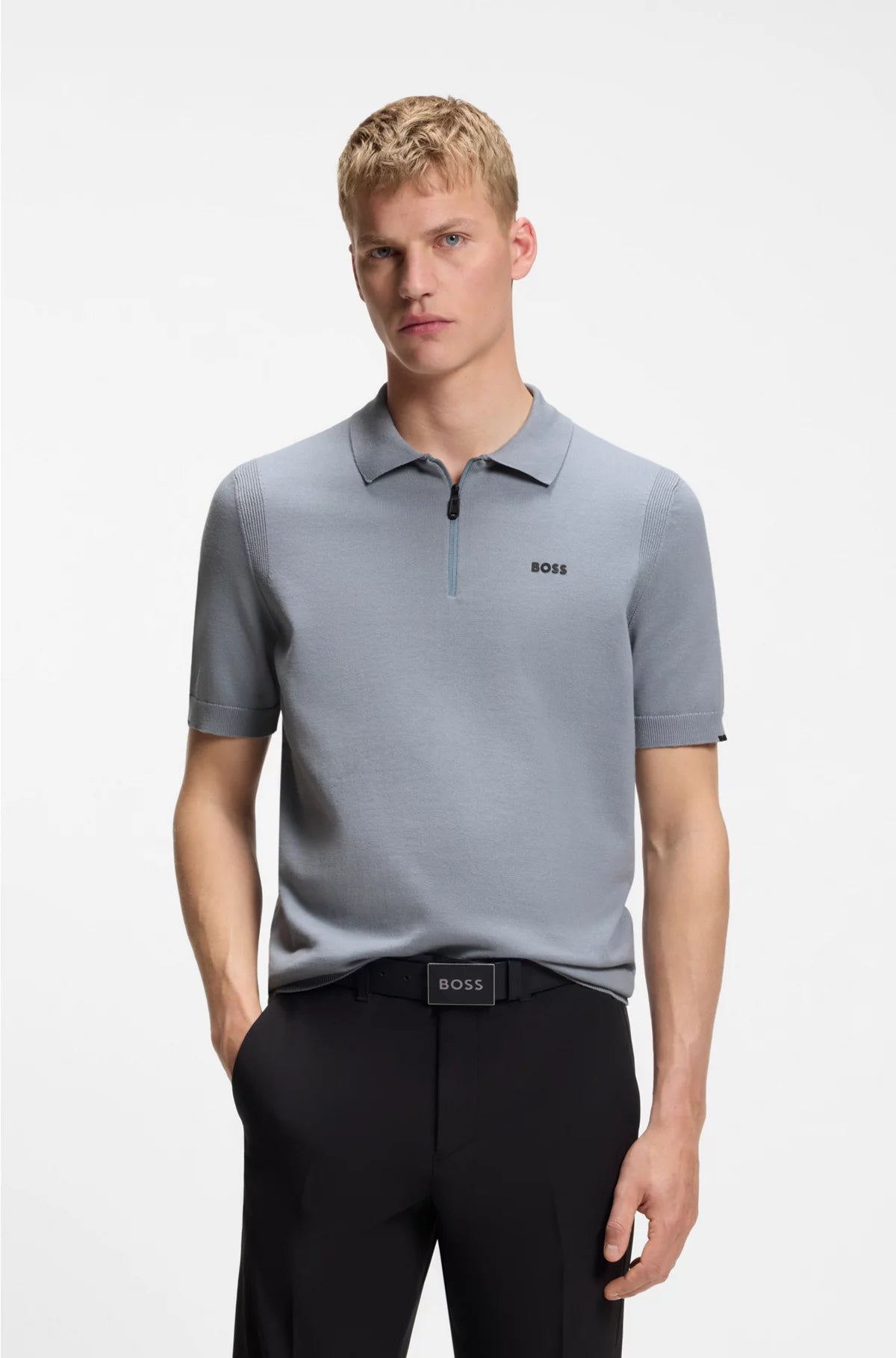 ZIP-NECK KNIT POLO SWEATER IN COTTON