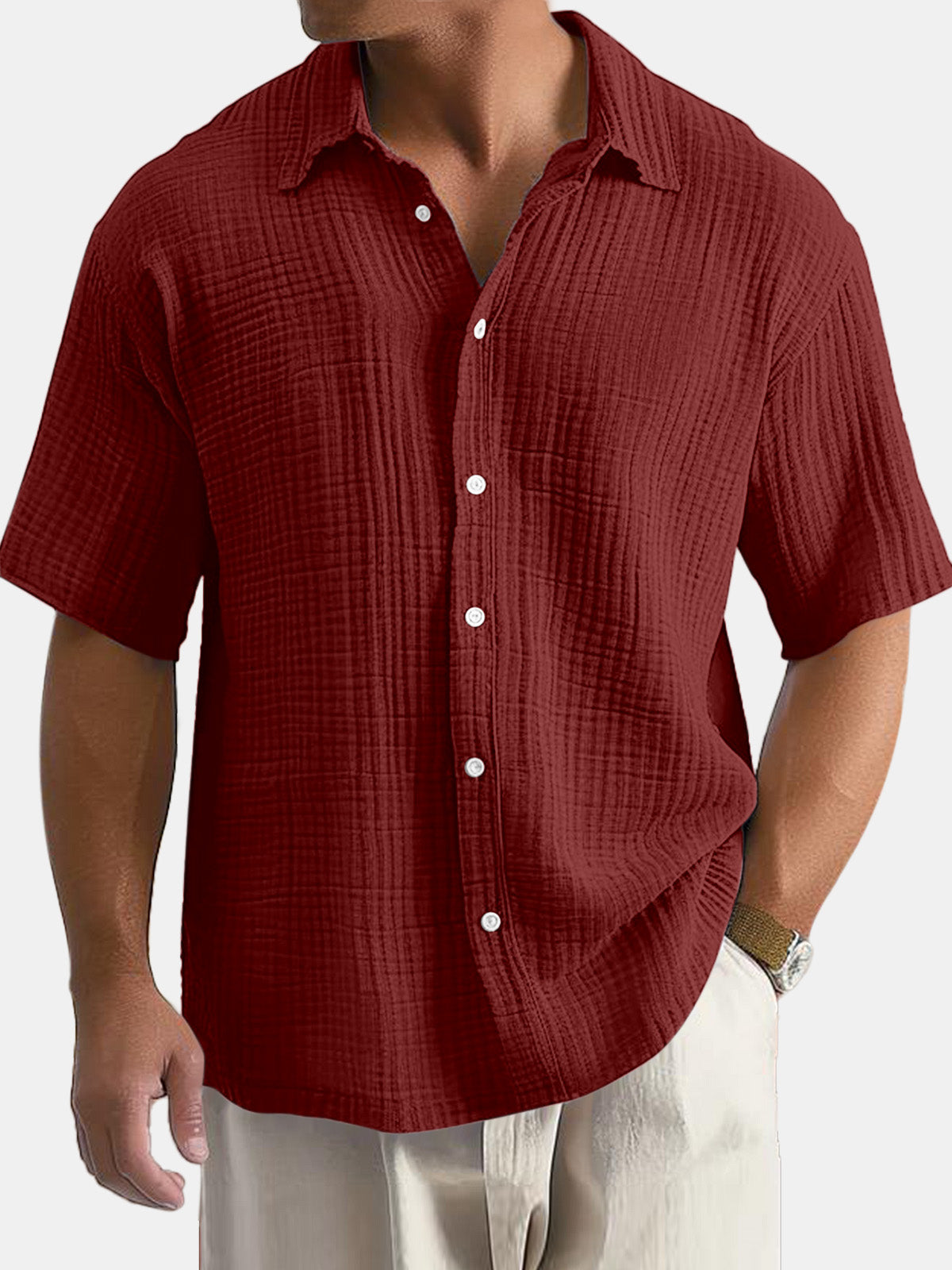 Men's Cotton Hawaiian Summer Comfortable Solid Color Short Sleeve Shirt