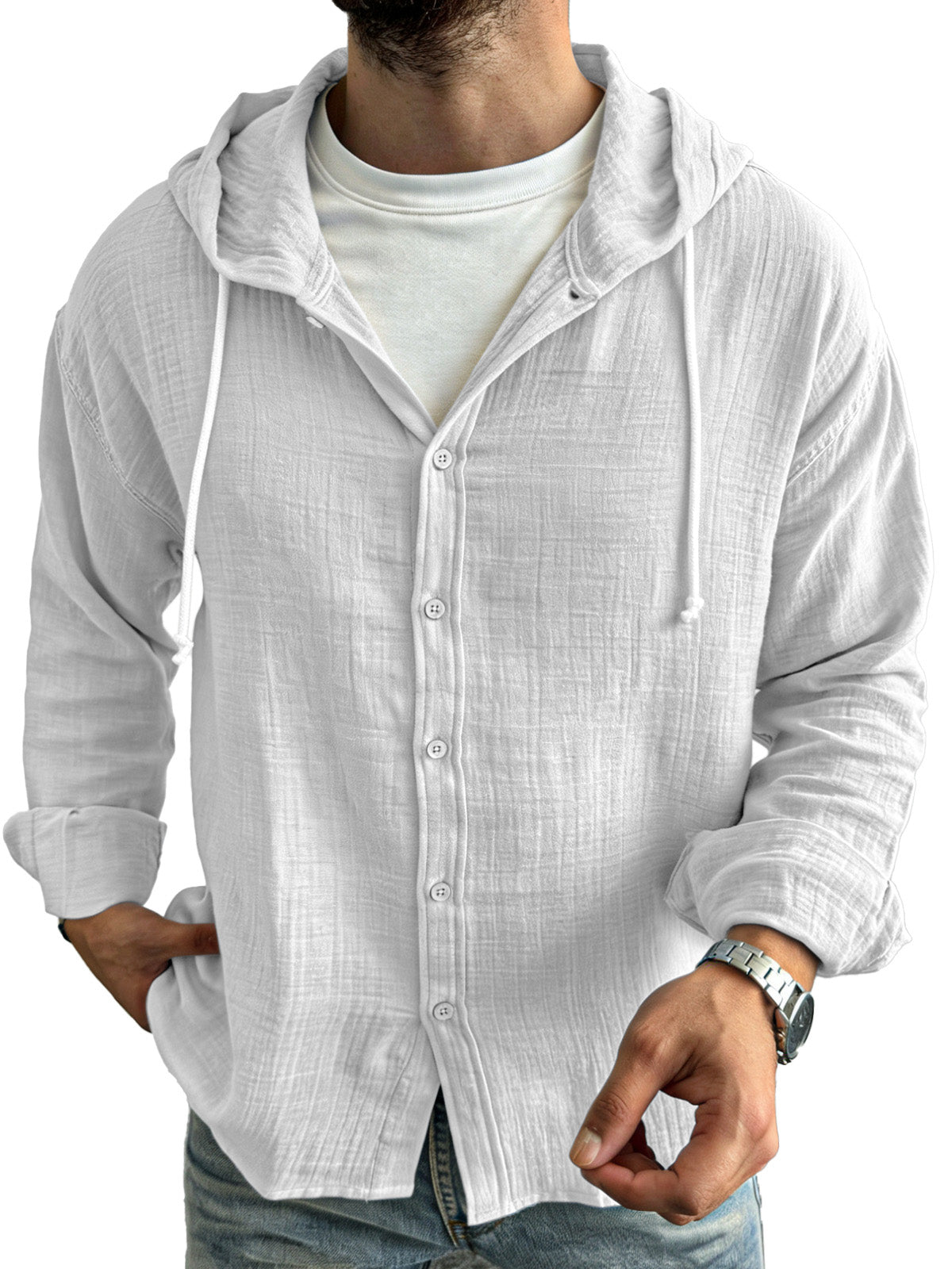 Men's simple casual comfortable loose buttoned hooded long sleeve shirt