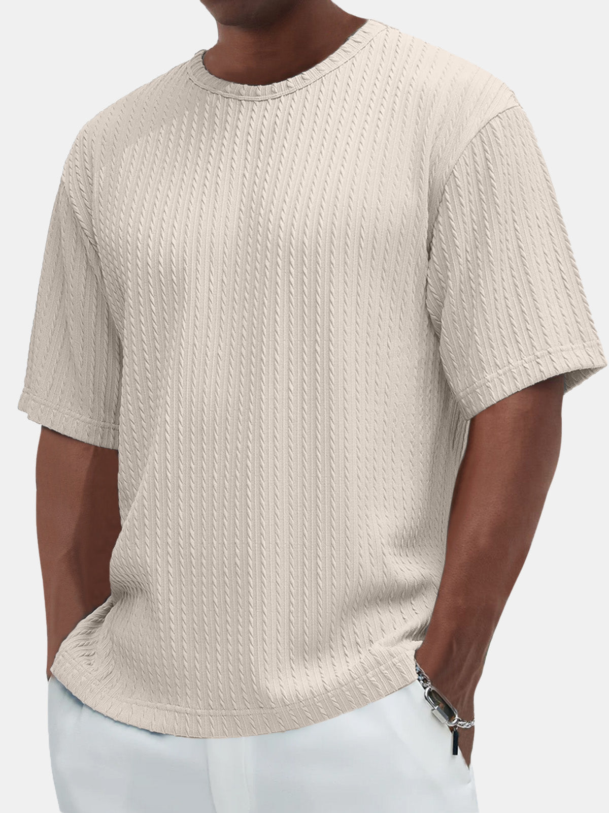 Men's Cotton Casual Basic Jacquard Texture Short-sleeved T-shirt