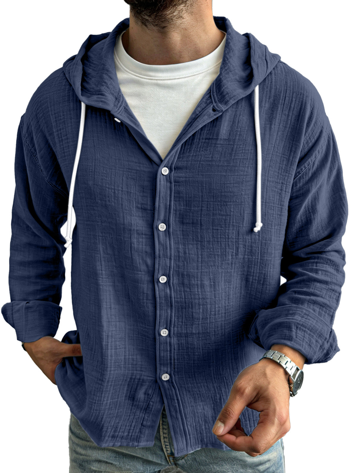 Men's simple casual comfortable loose buttoned hooded long sleeve shirt