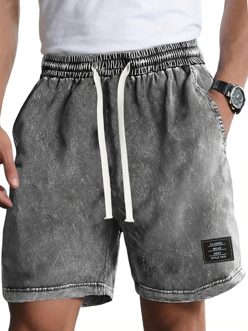 Men's Vintage Washed Distressed Cotton Embroidered Logo Multi-pocket Shorts