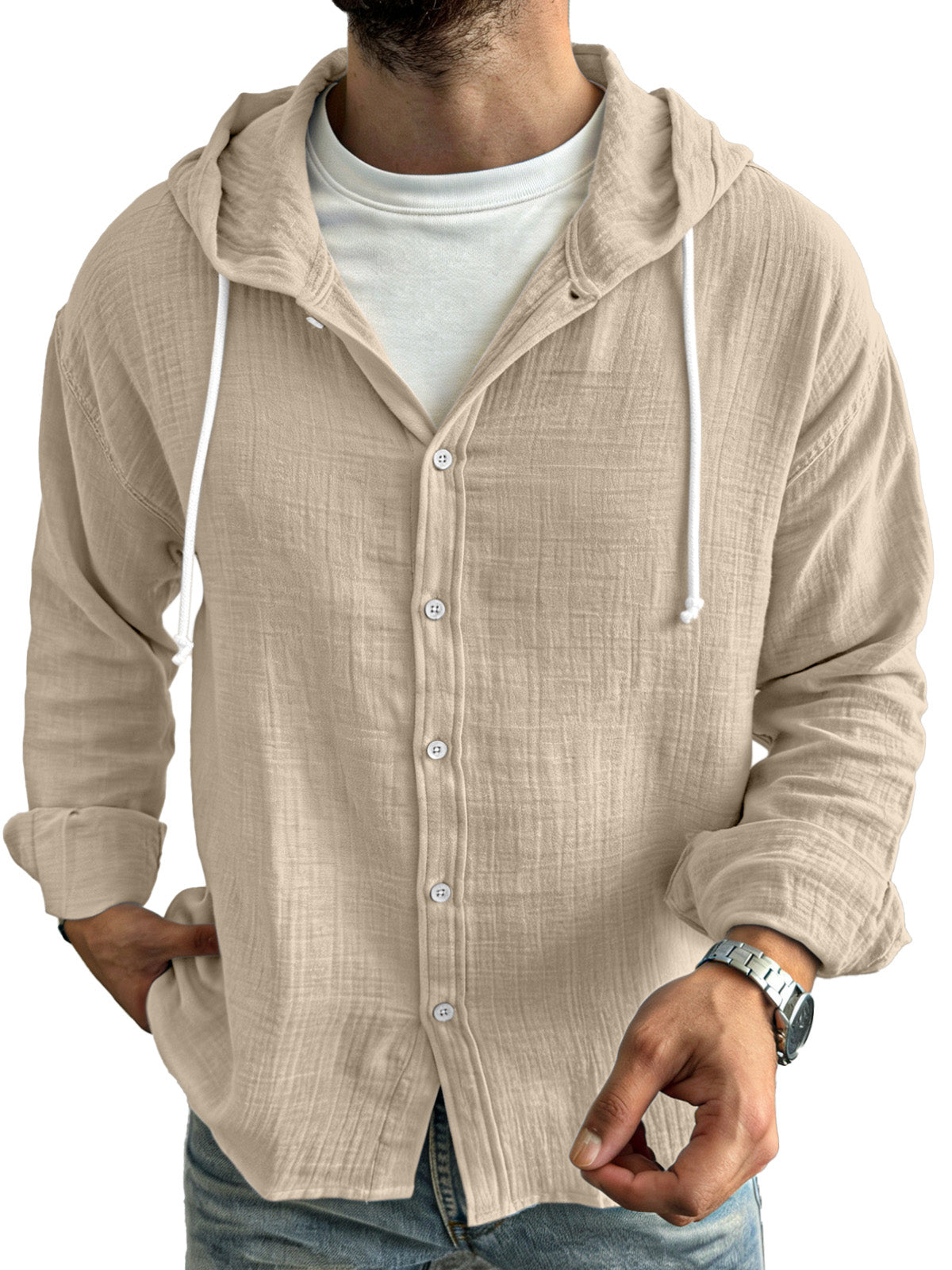 Men's simple casual comfortable loose buttoned hooded long sleeve shirt