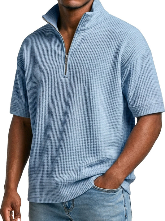 Men's Waffle-knit Simple Stand-collar Zip-up Casual Short-sleeved T-shir