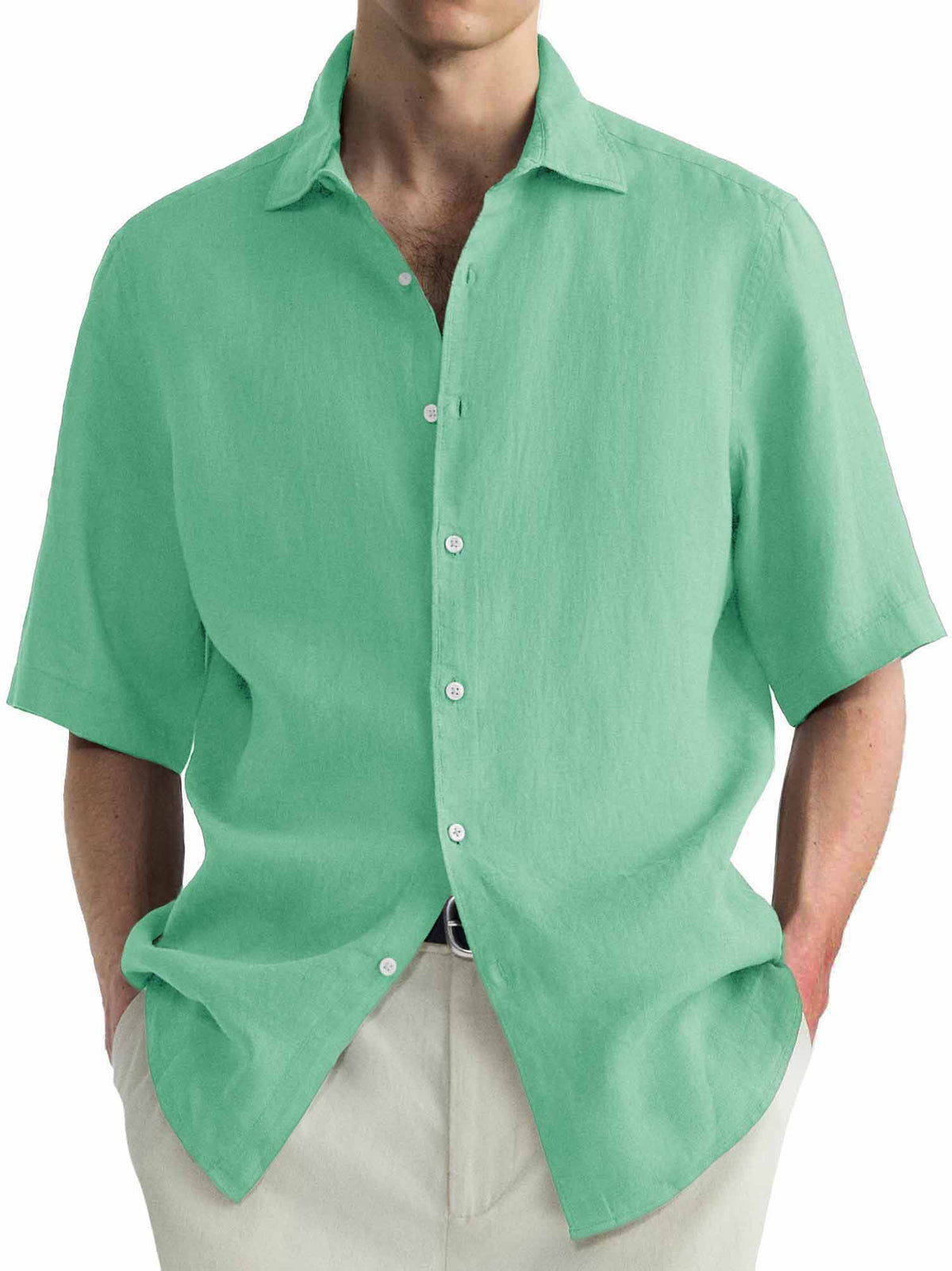 Men's Cotton Hawaiian  Summer Comfortable Casual Basic Solid Color Short Sleeve Shirt