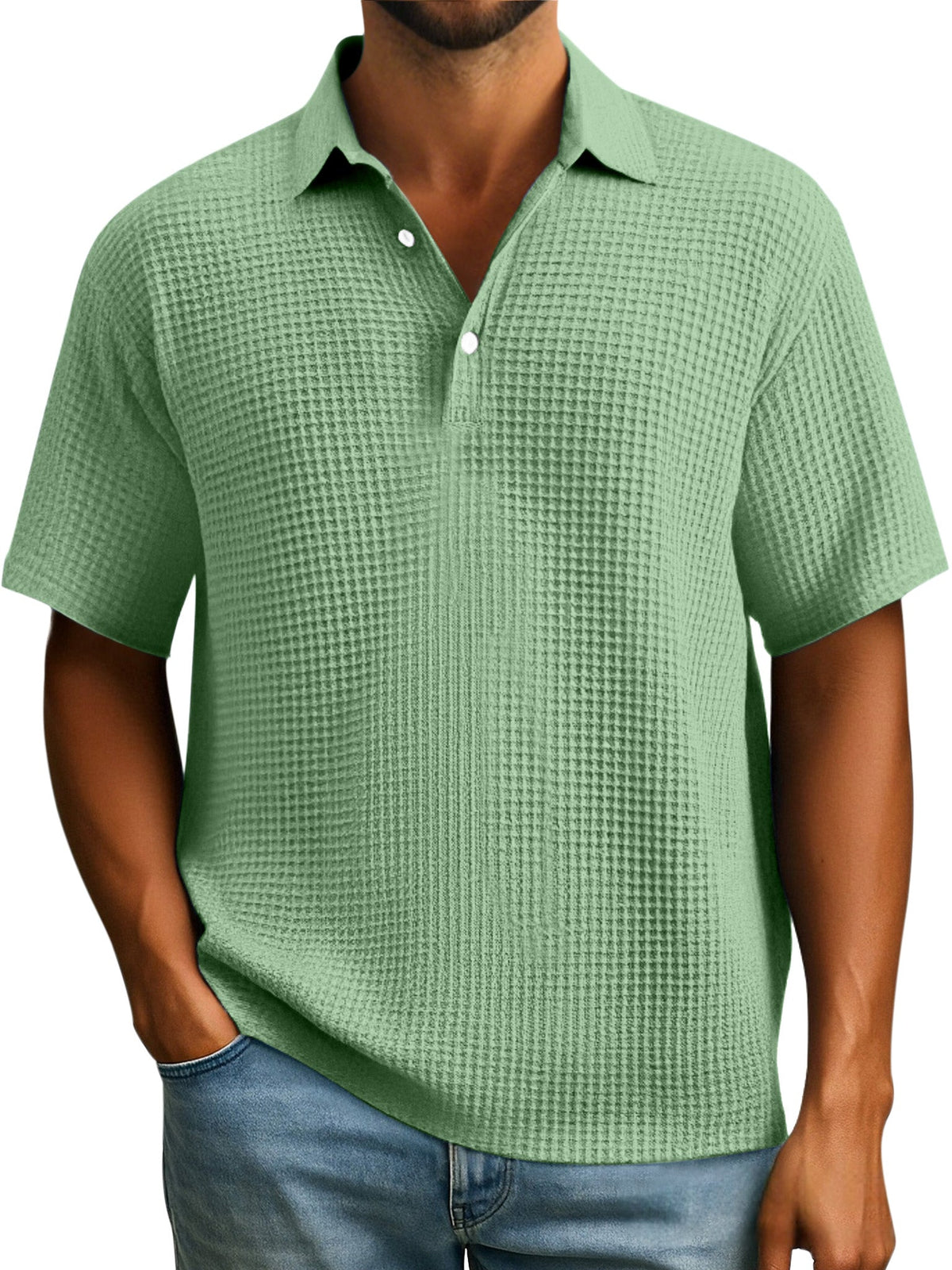 Men's Simple Everyday Solid Color Waffle Button Lapel Short Sleeve Polo Shirt
