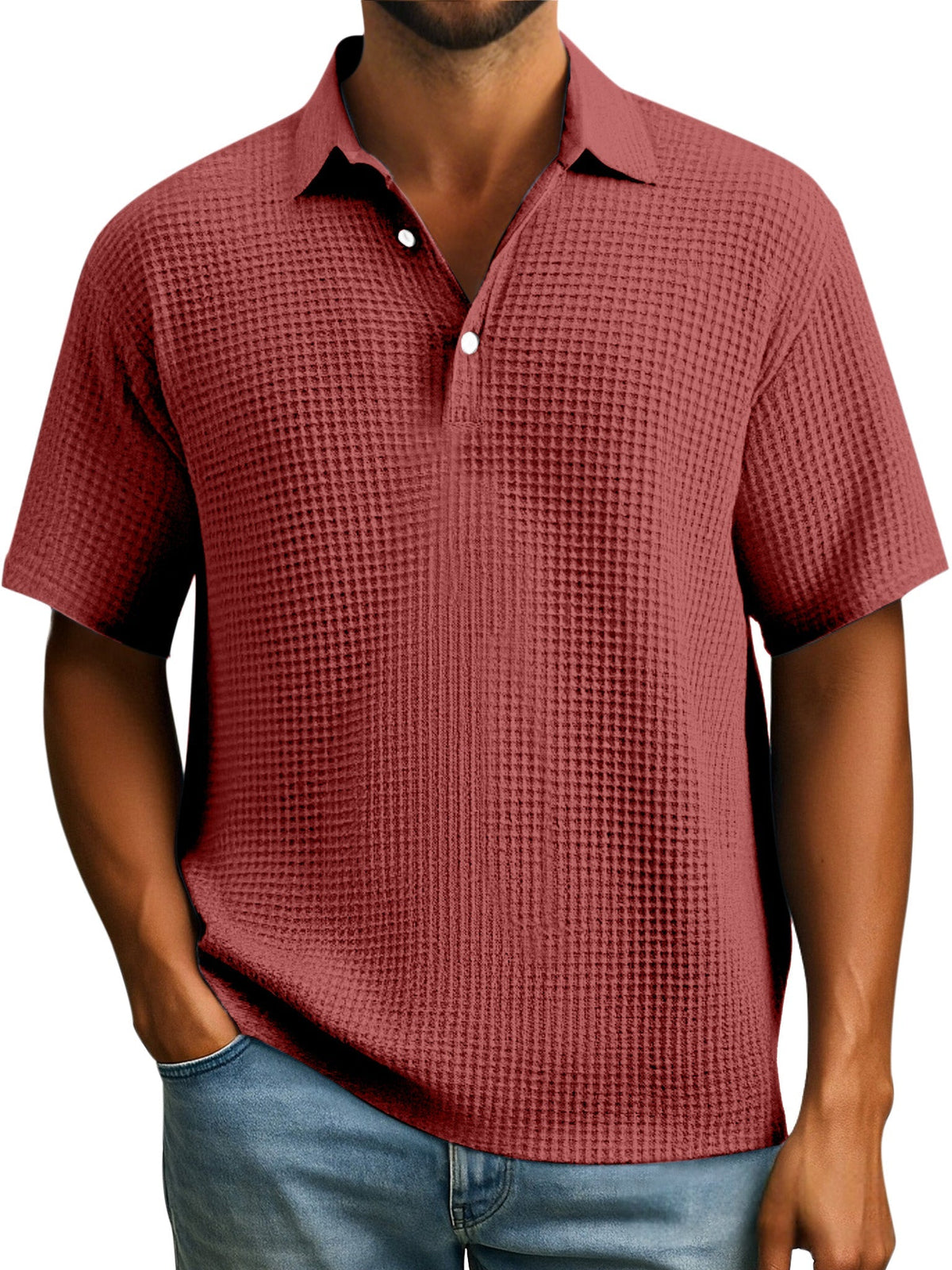 Men's Simple Everyday Solid Color Waffle Button Lapel Short Sleeve Polo Shirt