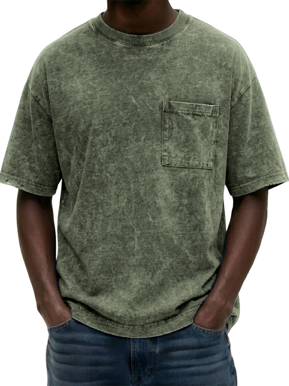 Men's Heavyweight Pure Cotton Washed Distressed Vintage Short-Sleeve T-Shirt with Chest Pocket