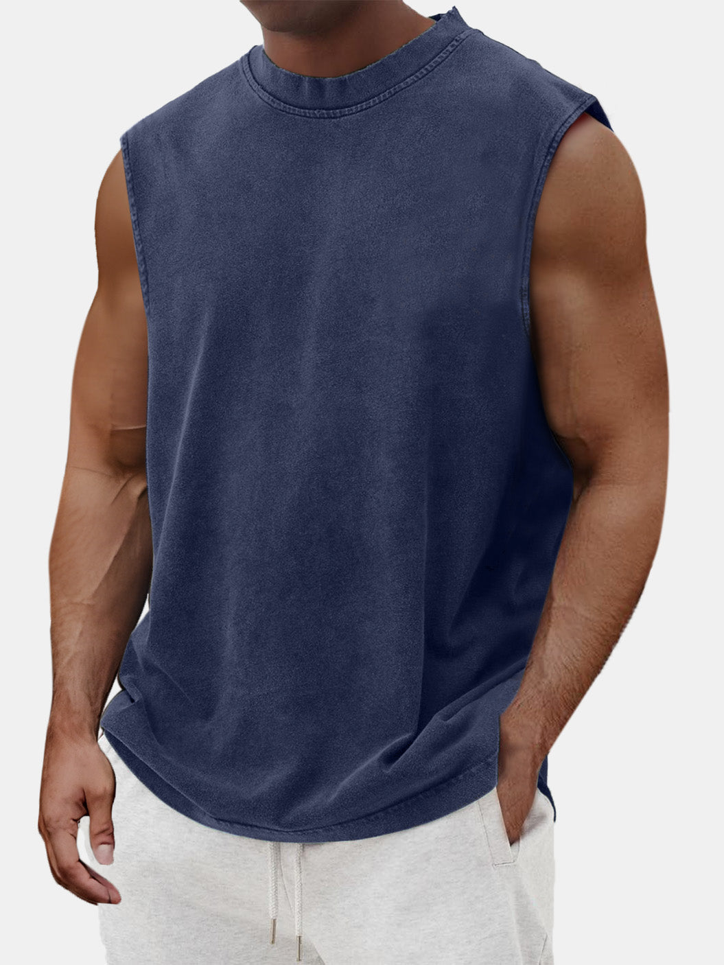 Men's Cotton Basic Washed Distressed Round Neck Sleeveless T-shirt