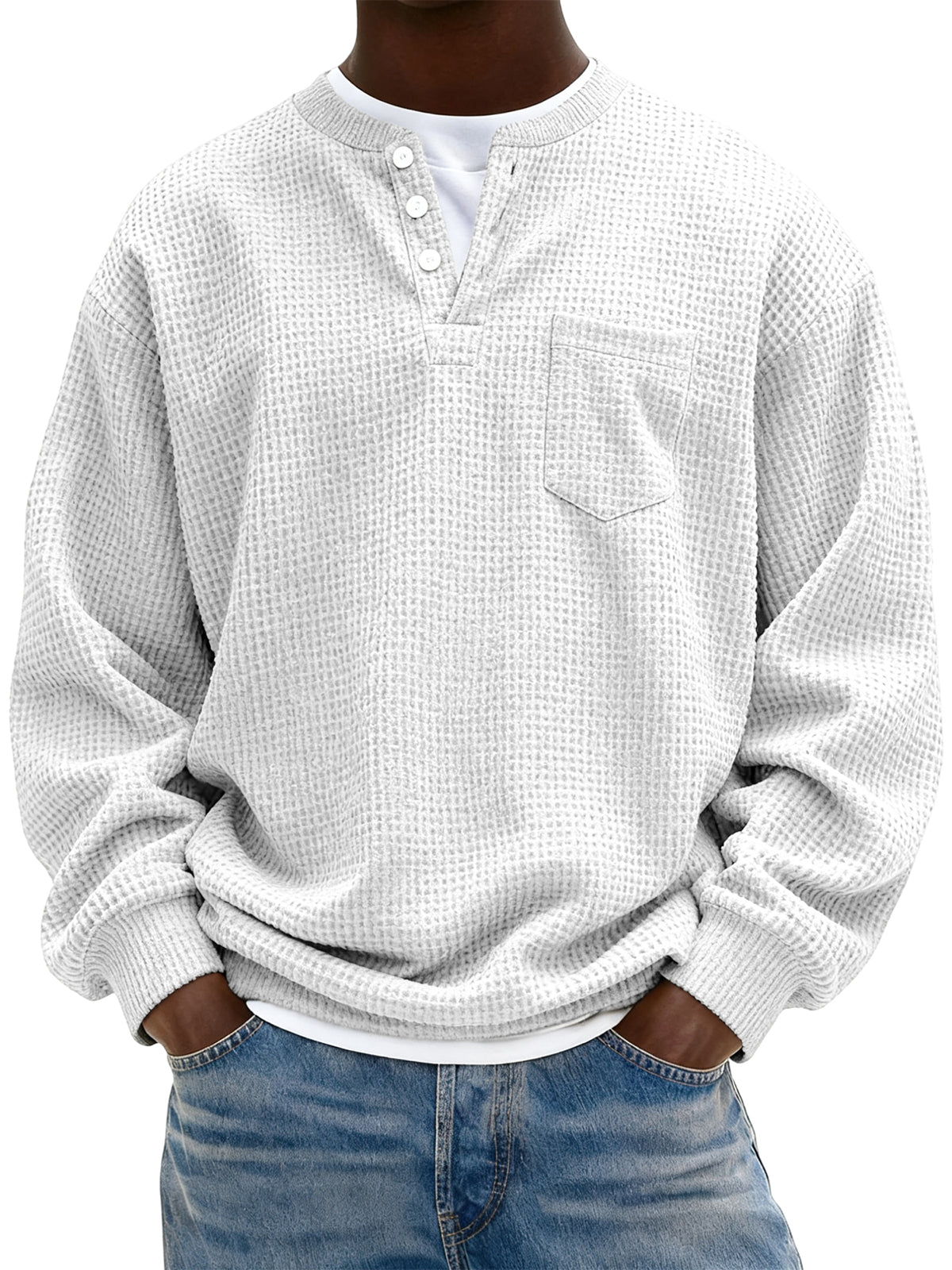 Men's Simple Waffle Henley Pullover with Chest Pocket