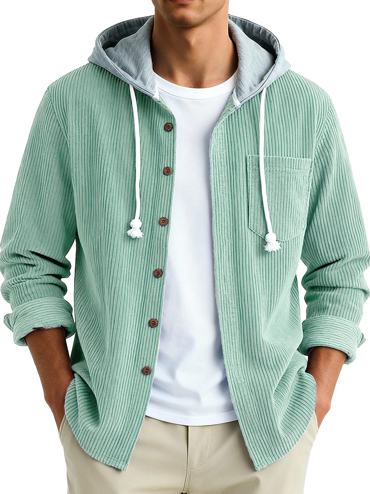  Men's Fashion Vintage Stitching Pit Strip Long Sleeve Pocket Hooded Shirt