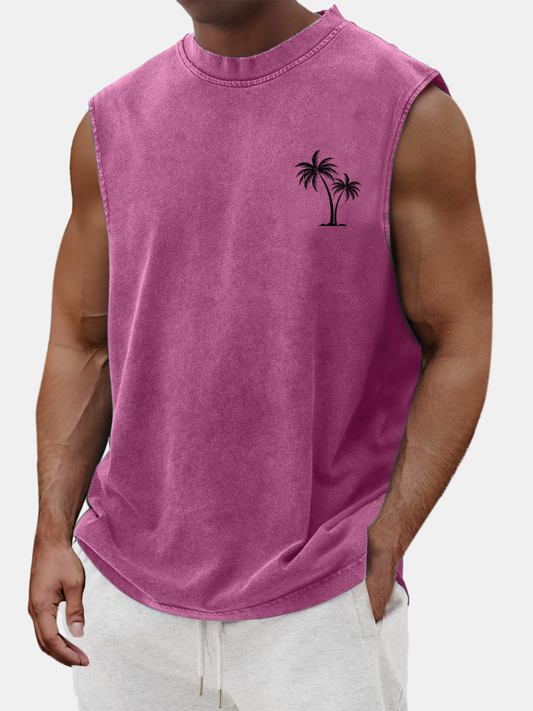 Men's Vintage Cotton Washed Coconut Palm Tree Print Round Neck Sleeveless T-shirt