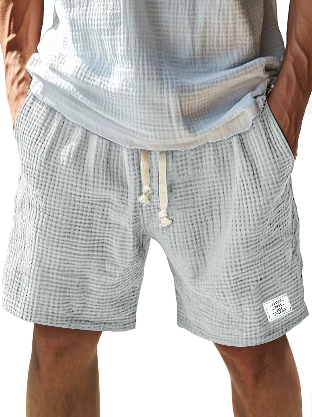 Men's Everyday Texture Embroidered Logo Elastic Waist Drawstring Comfort Shorts