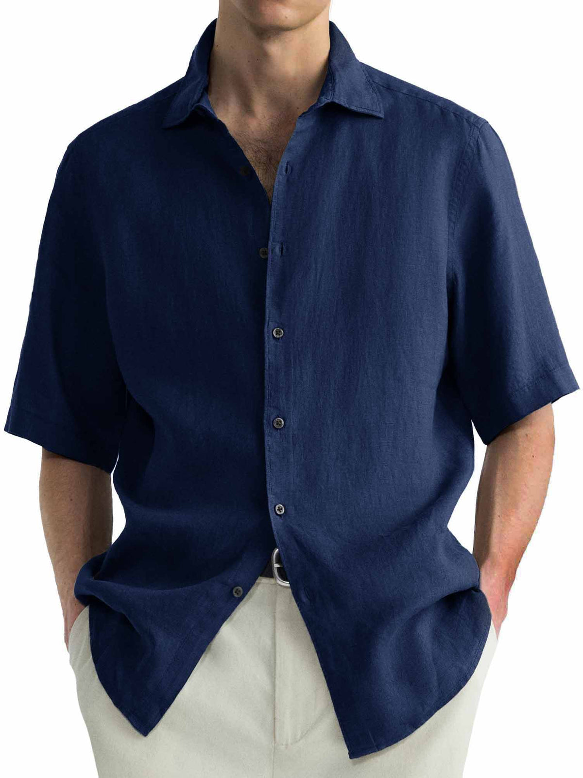 Men's Cotton Hawaiian  Summer Comfortable Casual Basic Solid Color Short Sleeve Shirt