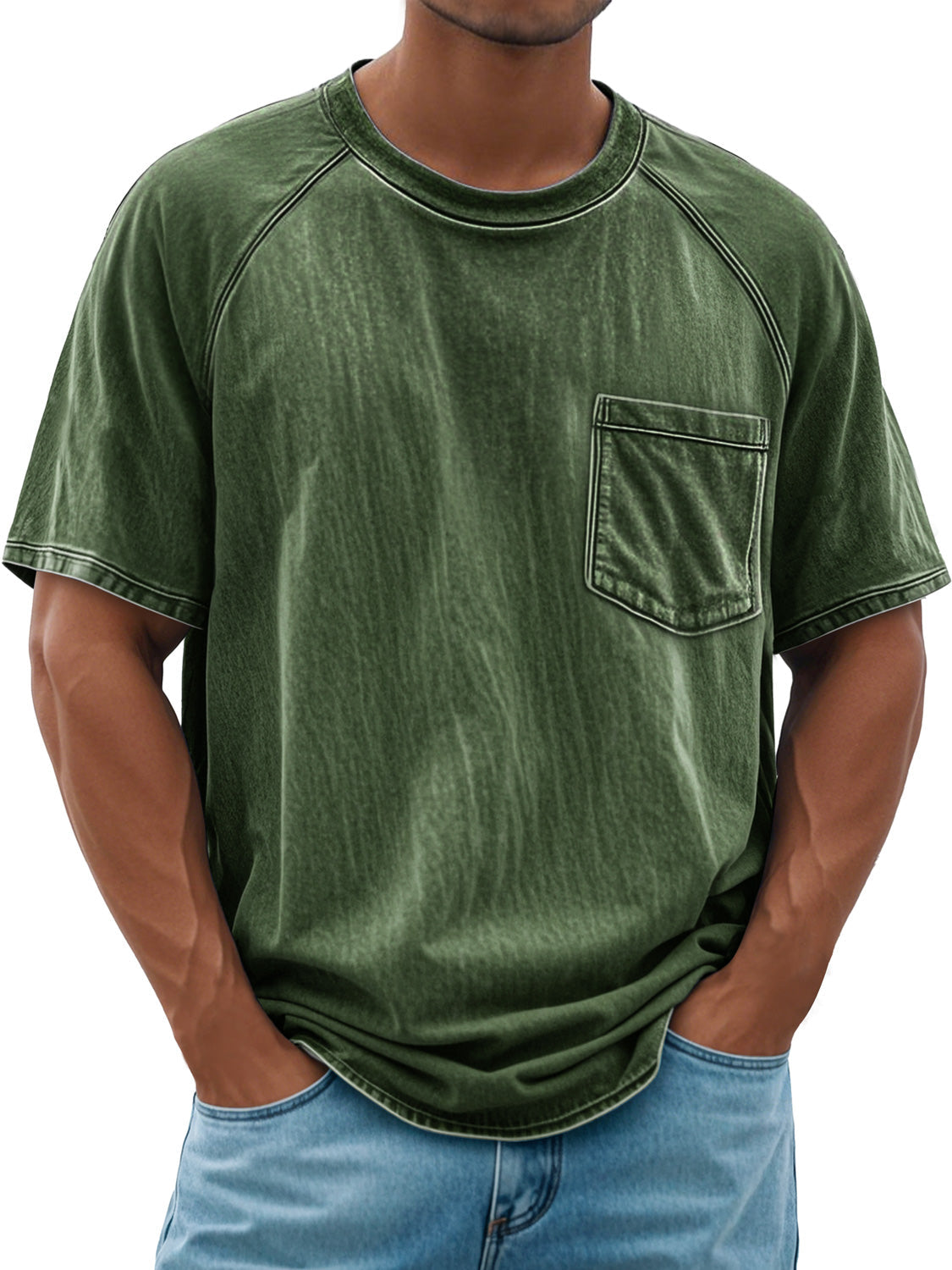 Men's Retro Round Neck Raglan Pocket Casual Short Sleeve T-Shirt