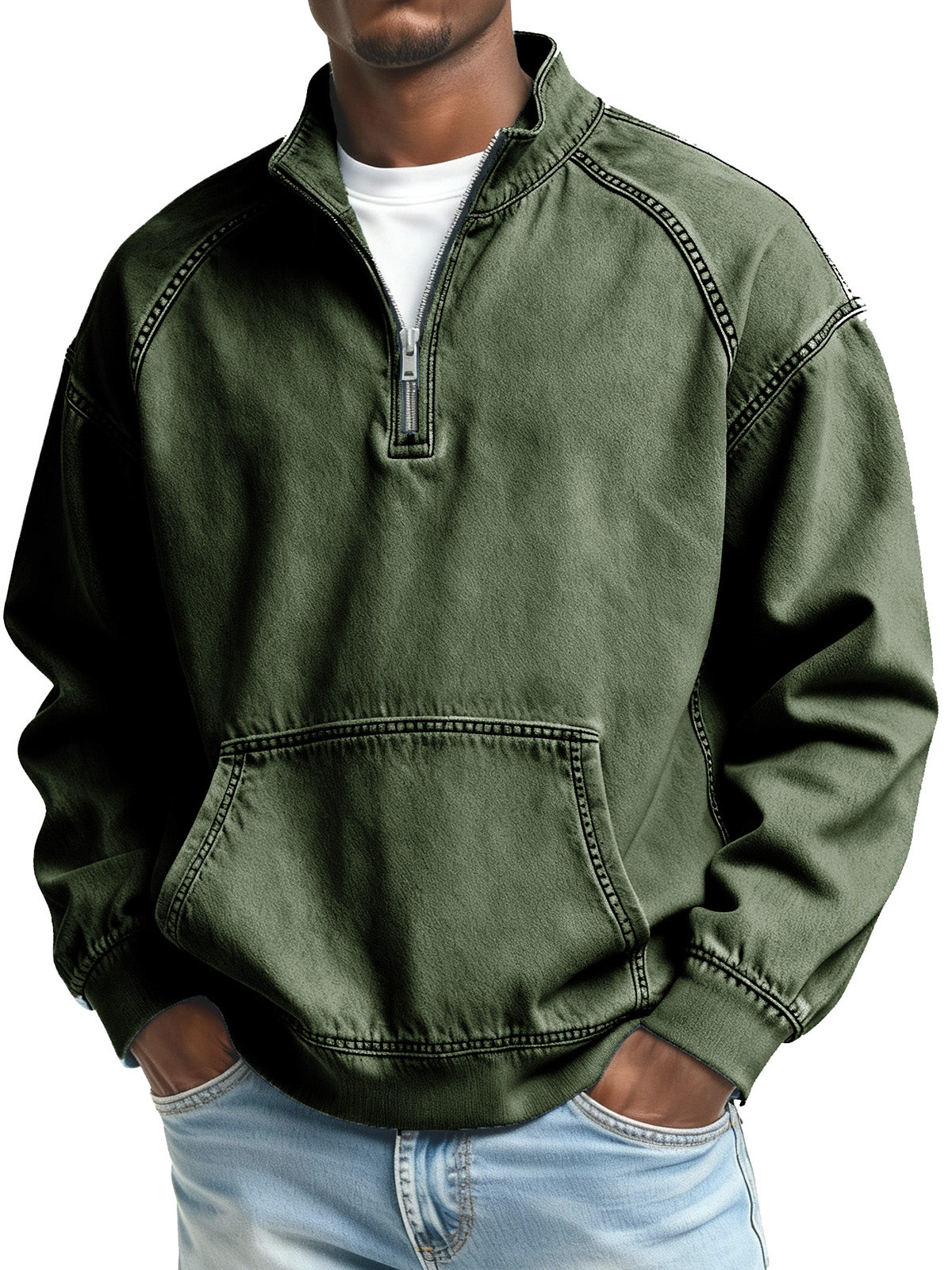 Men's Fashionable Retro Stand Collar Raglan Pocket Long Sleeve Top