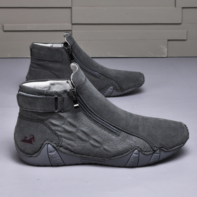 Men’s Genuine Leather Zipper Boots – Casual Slip-On High-Top Boots