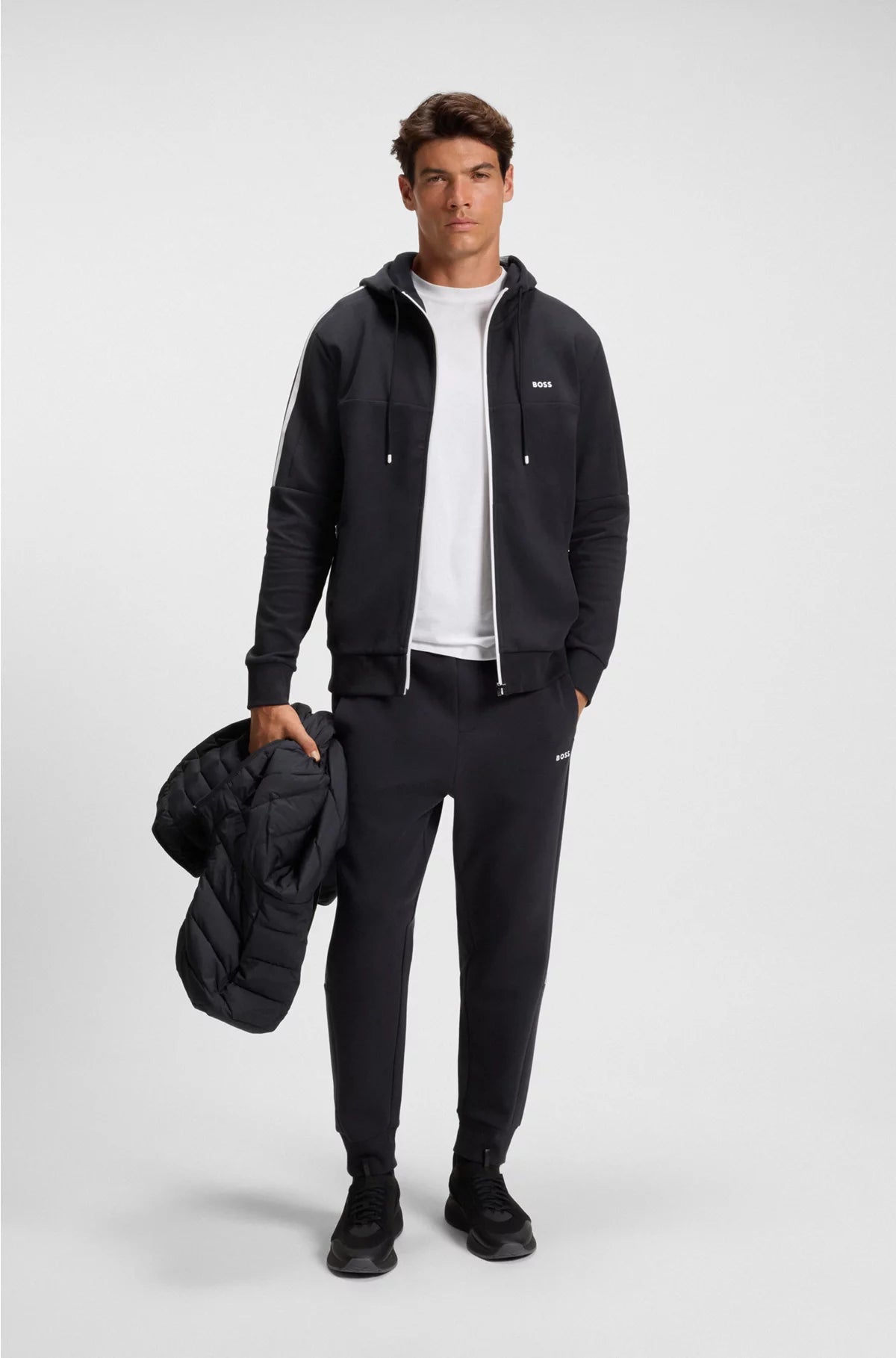 STRETCH-COTTON ZIP-UP HOODIE WITH STRIPE INSERT