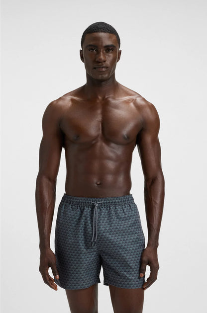 PRINTED SWIM SHORTS WITH LOGO BADGE