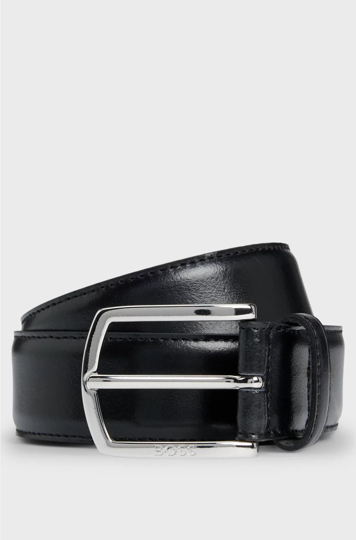 ITALIAN-LEATHER BELT WITH POLISHED LOGO BUCKLE