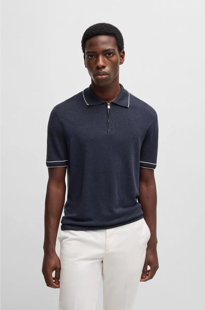 LINEN-BLEND KNIT SWEATER WITH ZIP PLACKET