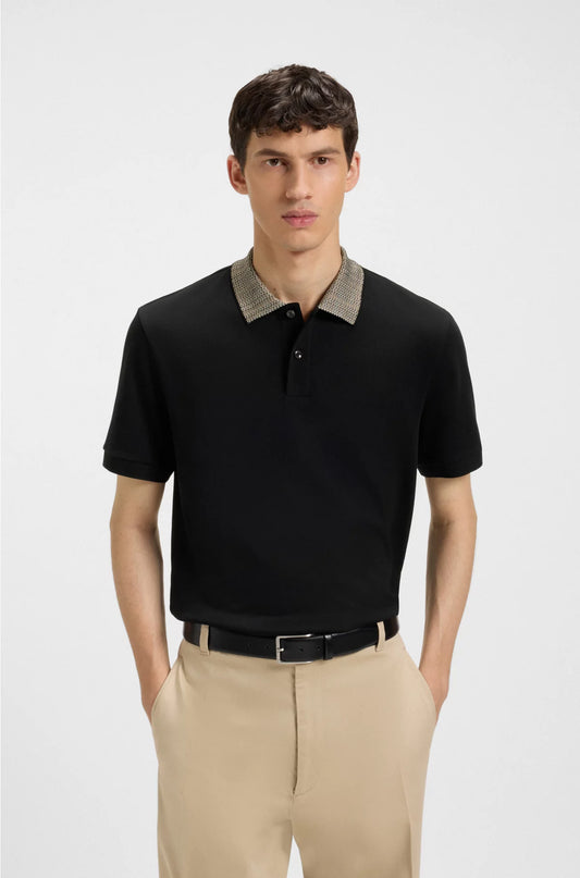 PIMA-COTTON POLO SHIRT WITH PATTERNED COLLAR
