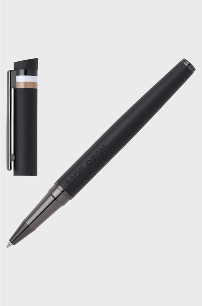 BLACK LOGO-DETAIL ROLLERBALL PEN WITH SIGNATURE-STRIPE CAP