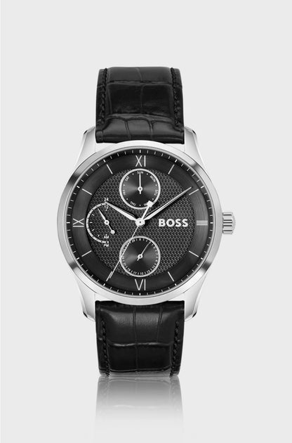 PRINCIPLE MASTER BLACK-TEXTURED-DIAL WATCH WITH LEATHER STRAP