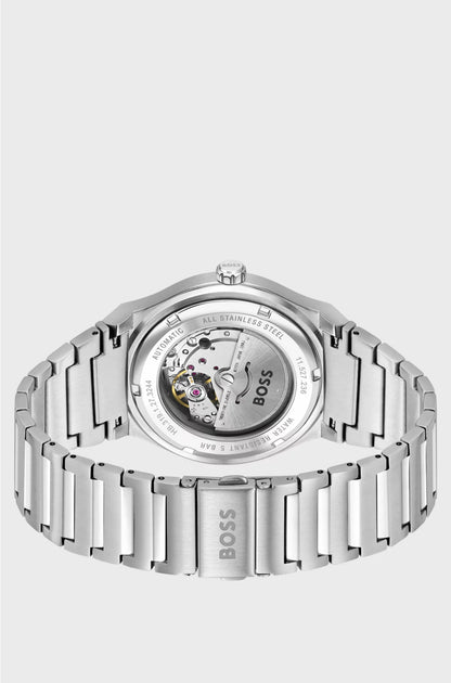 SILVER-TONE AUTOMATIC WATCH WITH WHITE GROOVED DIAL