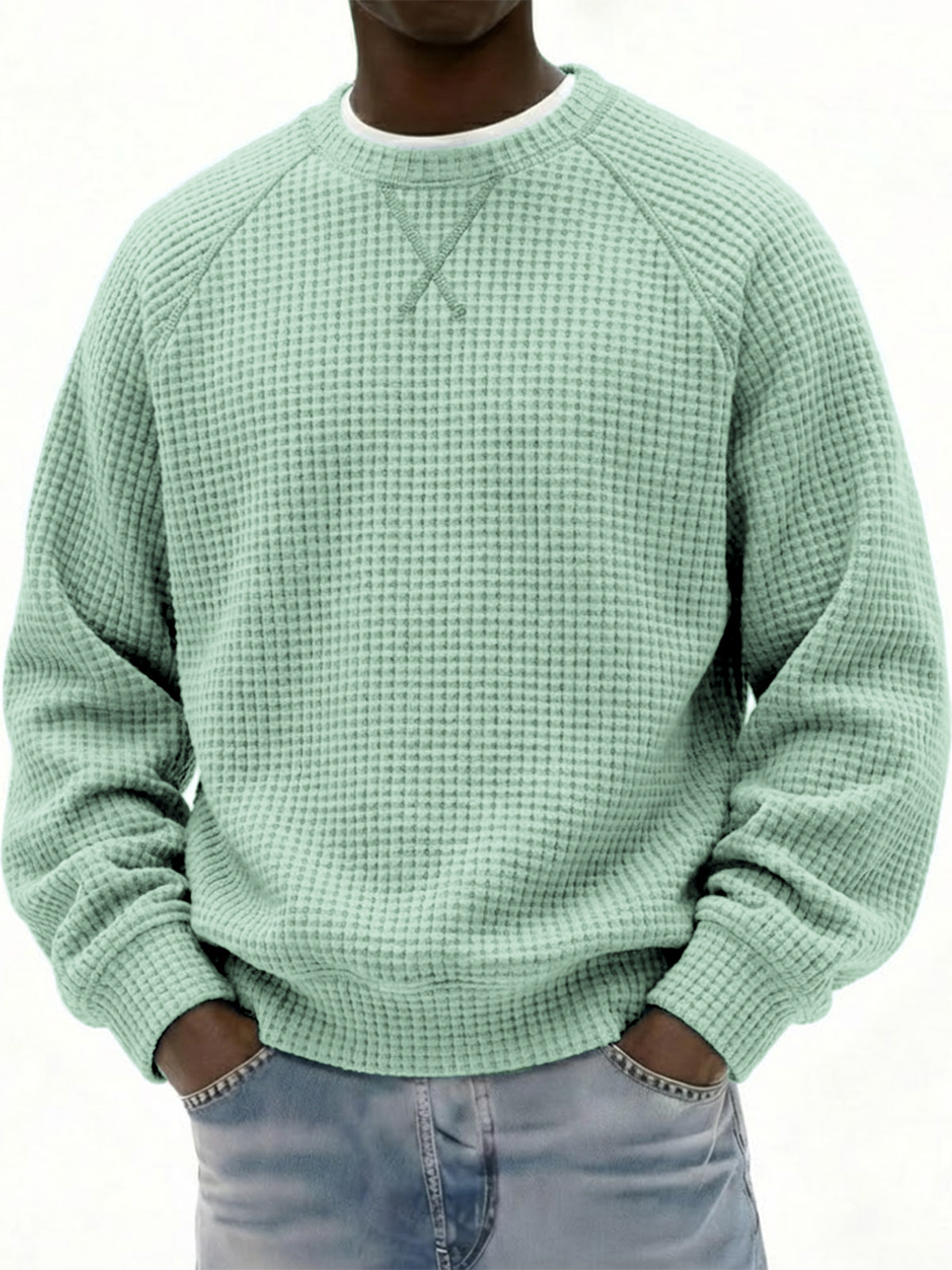 Men's Breathable Waffle Texture Patchwork Design Raglan Minimalist Pullover Top