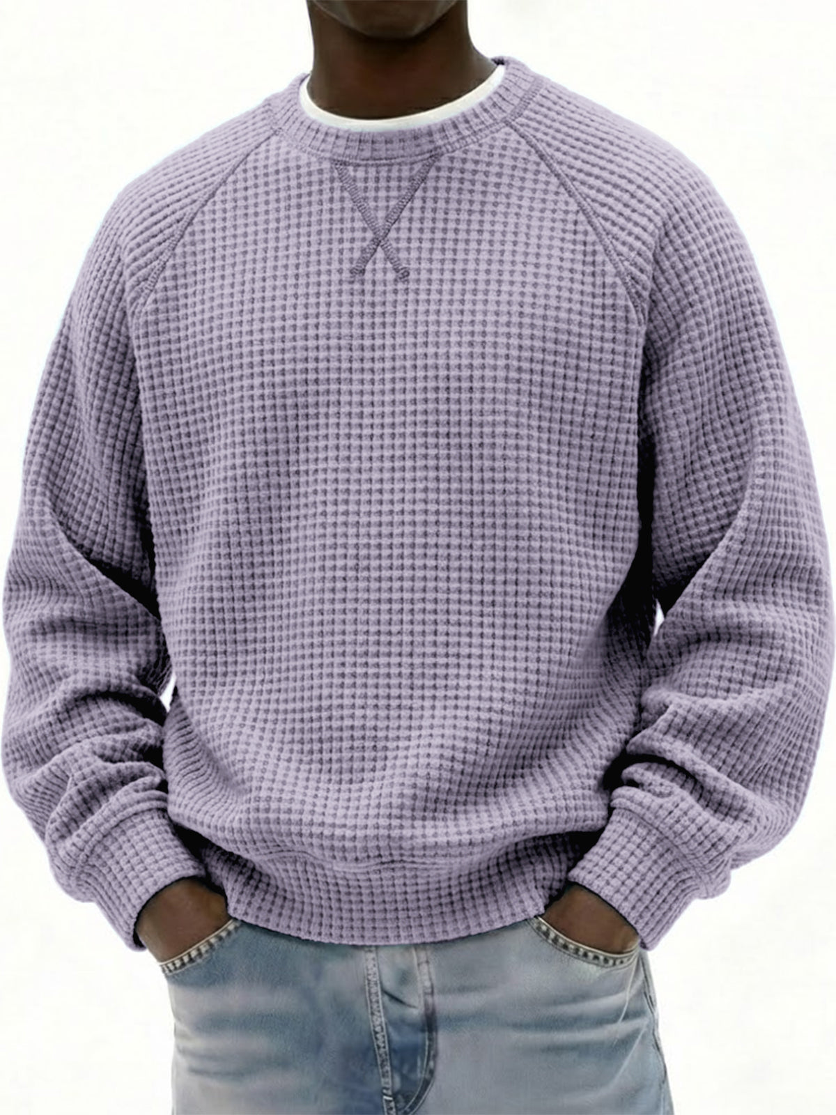 Men's Breathable Waffle Texture Patchwork Design Raglan Minimalist Pullover Top